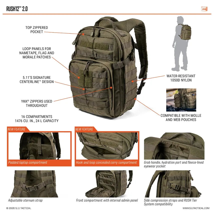 5.11 Woodland Camo RUSH12 2.0 Backpack